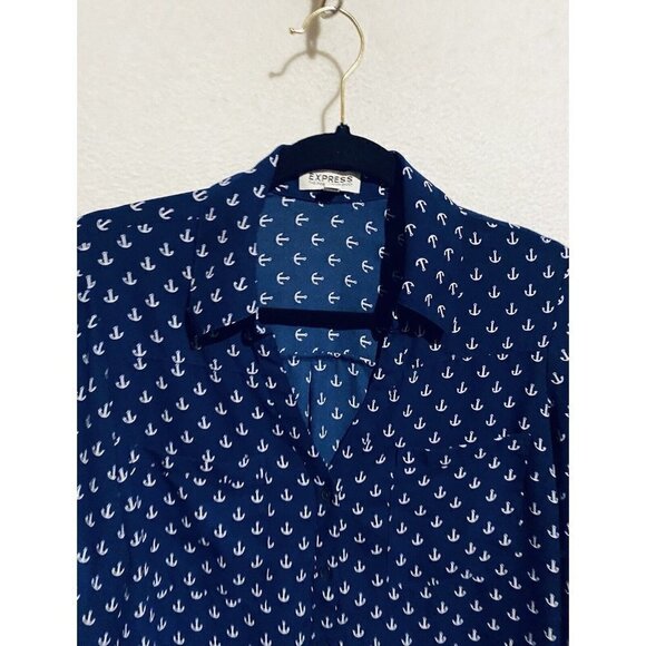 Express Top Womens Medium Navy Blue Anchor Print Portofino Shirt Flowy Boho - Picture 3 of 8